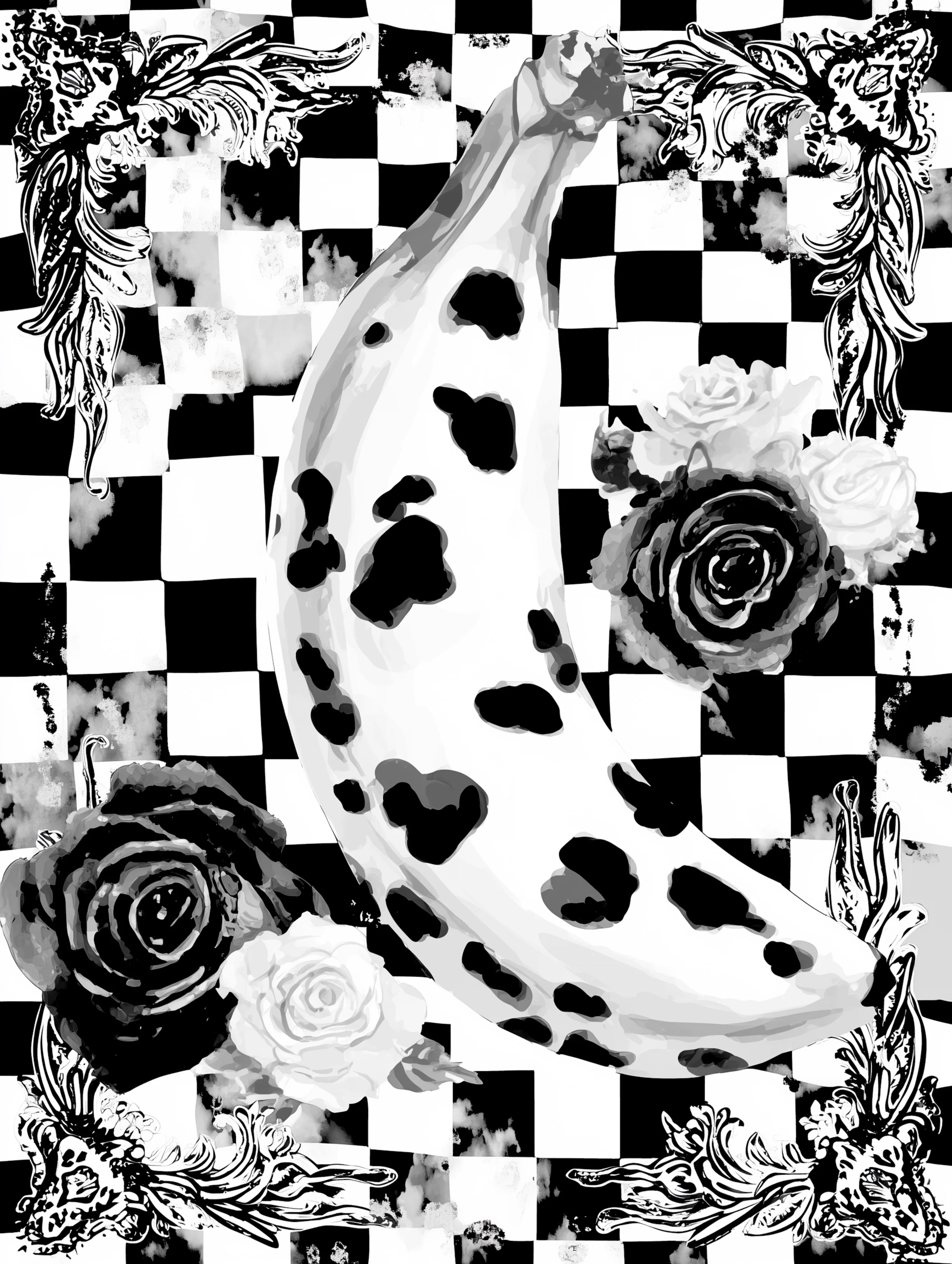 Free printable banana coloring page for adults featuring checkerboard with cow print banana